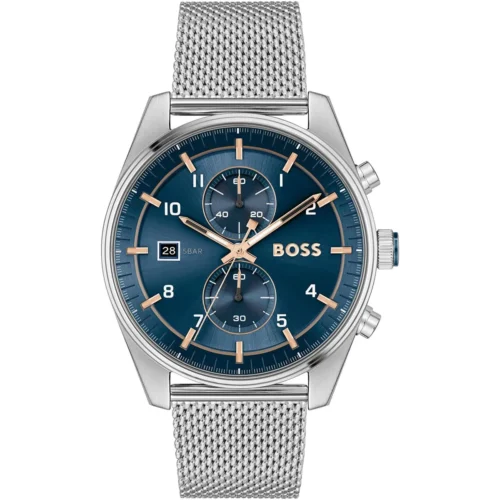 1514149-hugo-boss-watch-5bar-men-mesh-blue-dial-stainless-steel-metal-silver-strap-quartz-battery-analog-chronograph-skytraveller Hugo Boss Watch For Men 1514149