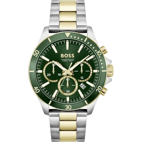 1514154-hugo-boss-watch-chronograph-5bar-165ft-men-green-dial-stainless-steel-metal-silver-gold-strap-quartz-battery-analog-troper Hugo Boss Watch For Men 1514154