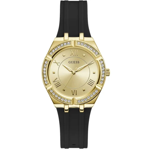 gw0034l1-guess-watch-women-gold-dial-rubber-black-strap-quartz-battery-analog-crystals-cosmo Guess Watch For Women GW0034L1