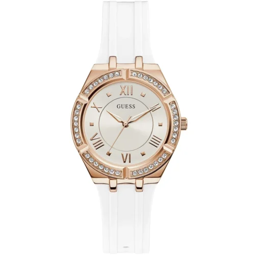 gw0034l2-guess-watch-women-crystals-silver-dial-rubber-white-strap-quartz-battery-analog-three-hand-cosmo Guess Watch For Women GW0034L2
