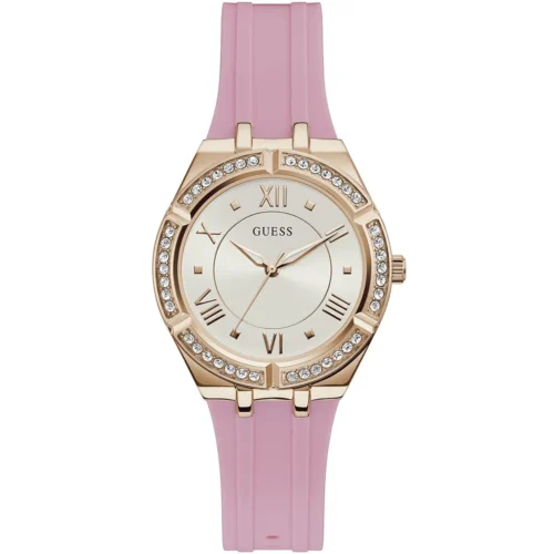 gw0034l3-guess-watch-women-silver-dial-rubber-pink-strap-quartz-battery-analog-crystals-cosmo Guess Watch For Women GW0034L3
