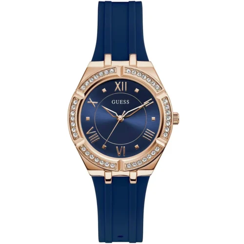 gw0034l4-guess-watch-women-crystals-blue-dial-rubber-strap-quartz-battery-analog-three-hand-cosmo Guess Watch For Women GW0034L4