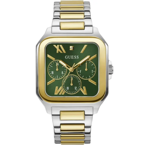 gw0631g1-guess-watch-men-square-green-dial-metal-stainless-steel-silver-gold-strap-quartz-battery-analog-dress Guess Watch For Men GW0631G1