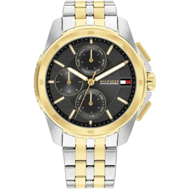 1710621-tommy-hilfiger-watch-5atm-water-resist-men-two-tone-black-dial-metal-stainless-steel-silver-gold-strap-quartz-analog-walker Tommy Hilfiger Watch For Men 1710621