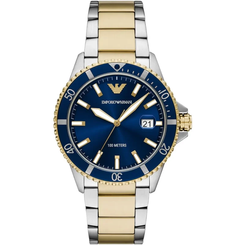 ar11682-emporio-armani-watch-100-meters-men-two-tone-blue-dial-metal-stainless-steel-silver-gold-strap-quartz-analog-chronograph-world-explorer Emporio Armani Watch For AR11682