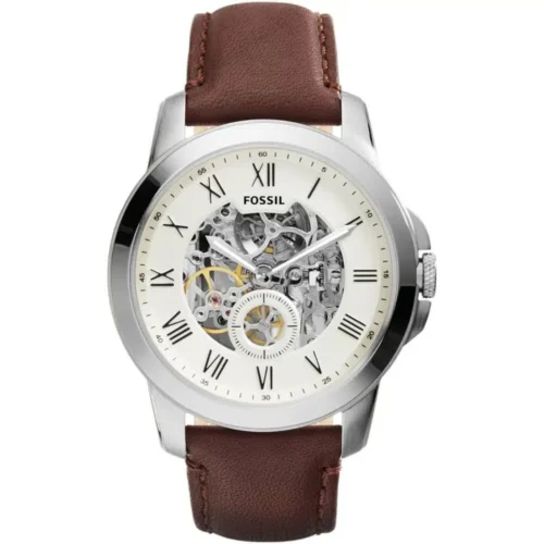 me3052-fossil-watch-men-silver-dial-leather-metal-brown-strap-automatic-analog-grant Fossil Watch For Men ME3052