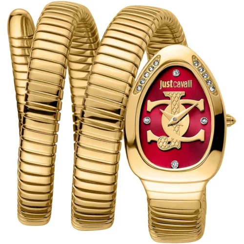 jc1l228m0045-just-cavalli-watch-signature-snake-women-red-dial-gold-stainless-steel-strap-triple-wrap-crystals-jc-logo Just Cavalli Watch For Women JC1L228M0045