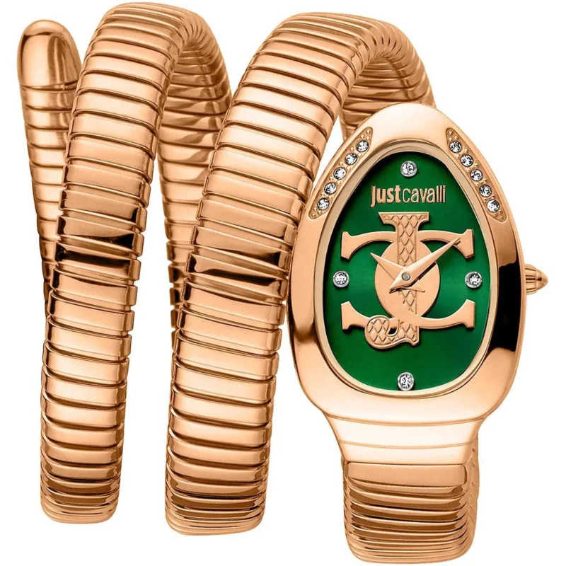 jc1l228m0055-just-cavalli-watch-signature-snake-women-green-dial-rose-gold-stainless-steel-strap-triple-wrap-crystals-jc-logo Just Cavalli Watch For Women JC1L228M0055