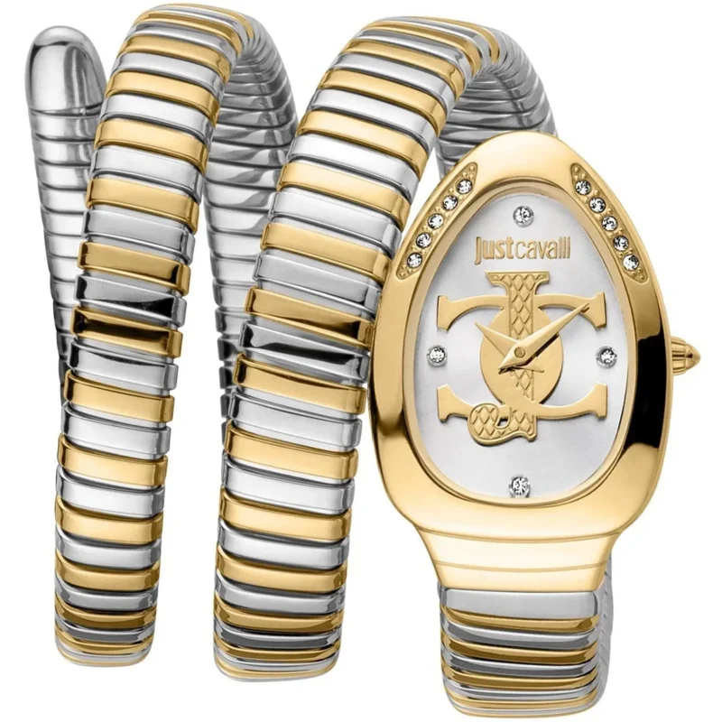 jc1l228m0065-just-cavalli-watch-signature-snake-women-silver-dial-gold-stainless-steel-strap-triple-wrap-crystals-jc-logo-two-tone Just Cavalli Watch For Women JC1L228M0065