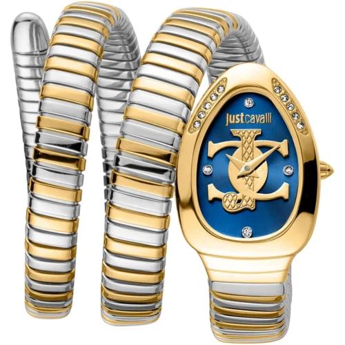 jc1l228m0075-just-cavalli-watch-signature-snake-women-blue-dial-silver-gold-stainless-steel-strap-triple-wrap-crystals-jc-logo-two-tone Just Cavalli Watch For Women JC1L228M0075