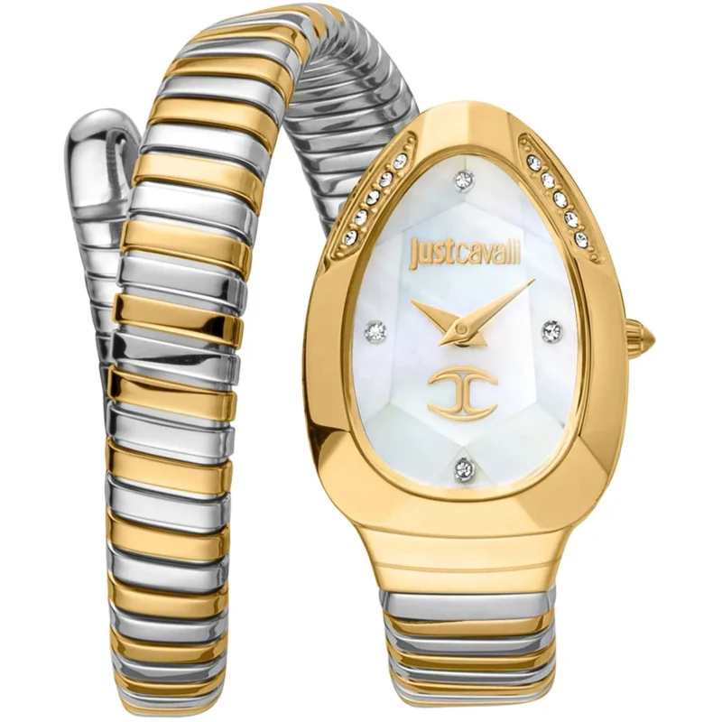 jc1l229m0065-just-cavalli-watch-signature-snake-women-silver-dial-gold-stainless-steel-strap-double-wrap-bracelet-crystals-two-tone-mother-of-pearl Just Cavalli Watch For Women JC1L229M0065