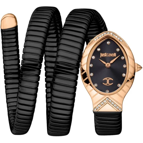 jc1l248m0085-just-cavalli-watch-signature-snake-women-black-dial-stainless-steel-strap-triple-wrap-crystals Just Cavalli Watch For Women JC1L248M0085