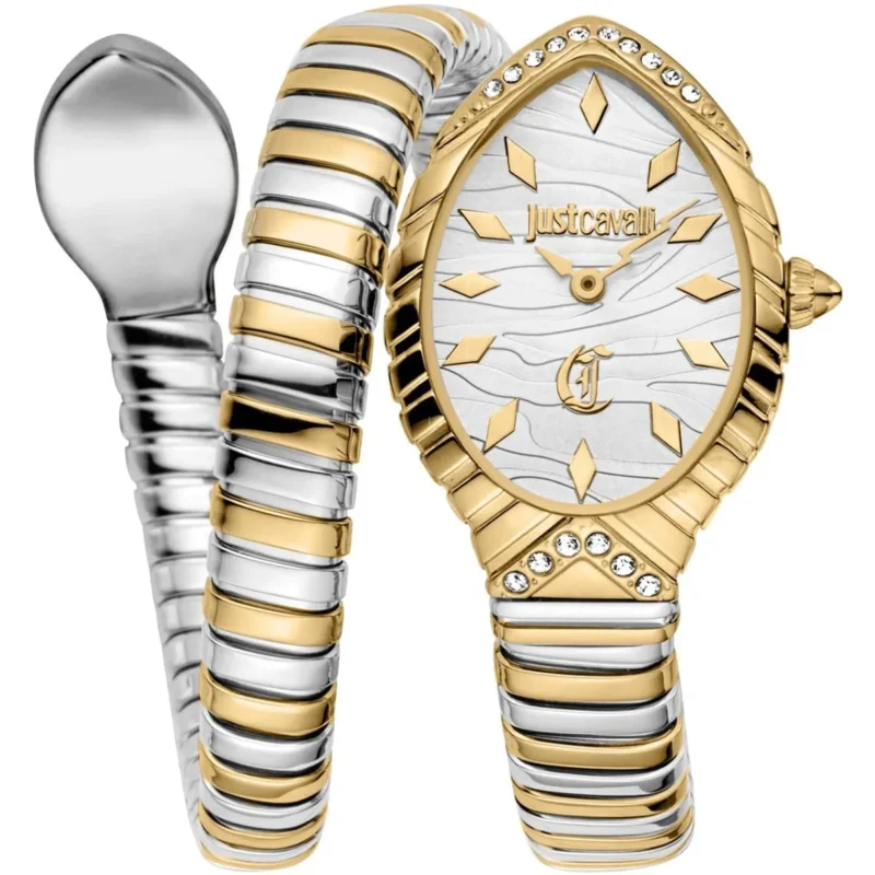 jc1l322m0055-just-cavalli-watch-signature-snake-women-silver-dial-gold-stainless-steel-strap-double-wrap-bracelet-crystals-two-tone Just Cavalli Watch For Women JC1L322M0055